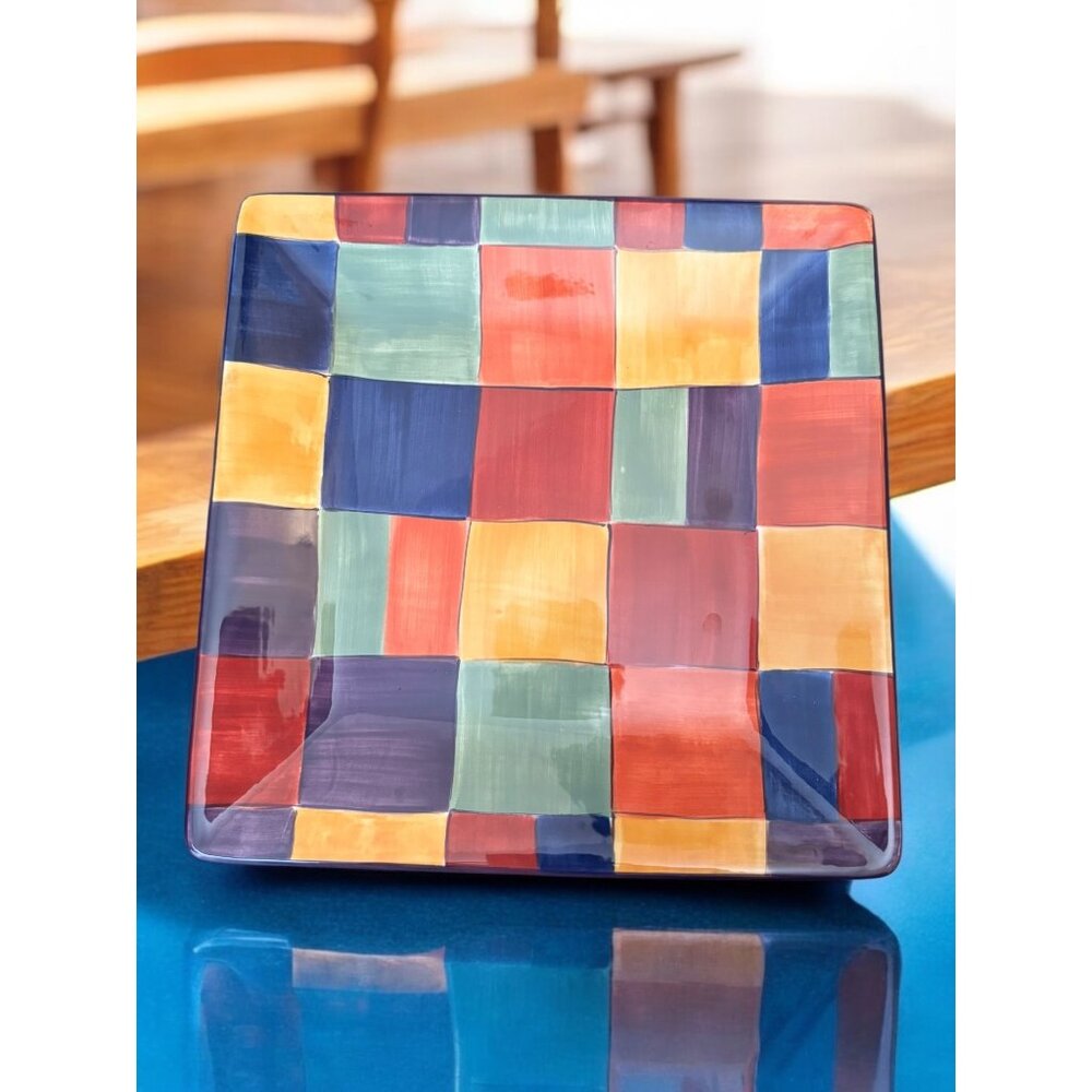 Corsica Hand Painted Large Square Plate Multicolored Check Block design 10"x10"